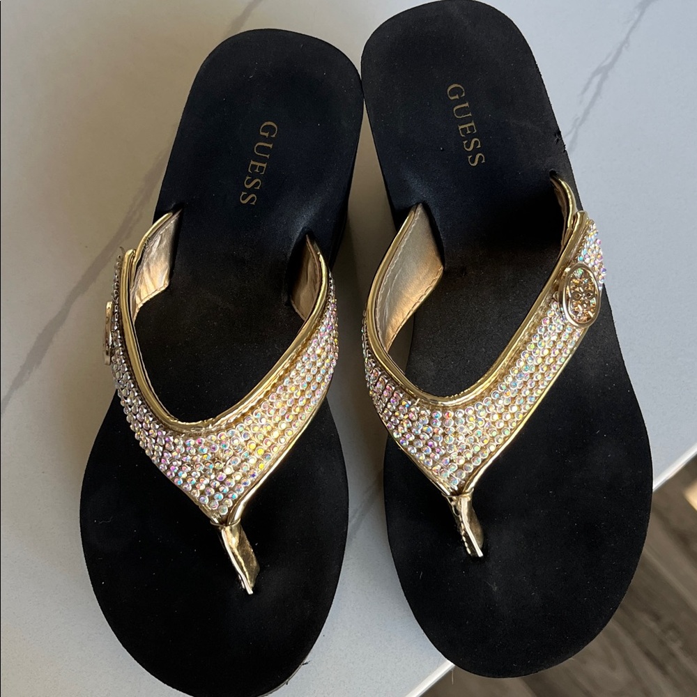 Guess Black & Gold Jeweled Platform Thong Sandals - Picture 4 of 6